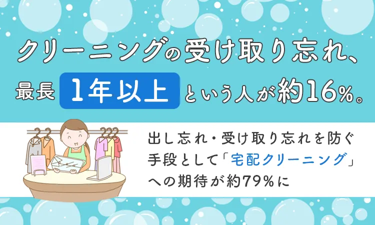 クリーニングの受け取り忘れ、最長「1年以上」という人が約16％。出し忘れ・受け取り忘れを防ぐ手段として「宅配クリーニング」への期待が約79％に