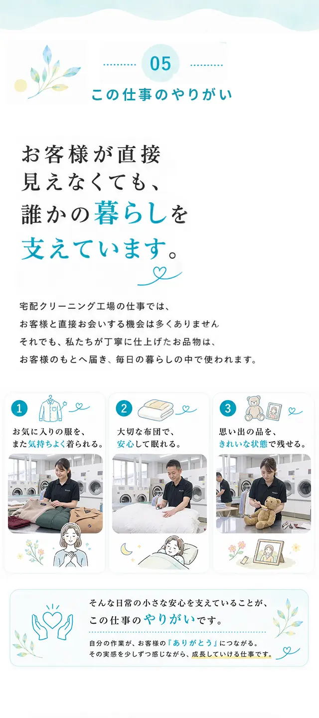 05 この仕事のやりがい お客様が直接見えなくても、誰かの暮らしを支えています。宅配クリーニング工場の仕事では、お客様と直接お会いする機会は多くありません。それでも、私たちが丁寧に仕上げたお品物は、お客様のもとへ届き、毎日の暮らしの中で使われます。1 お気に入りの服を、また気持ちよく着られる。2 大切な布団で、安心して眠れる。3 思い出の品を、きれいな状態で残せる。そんな日常の小さな安心を支えていることが、この仕事のやりがいです。